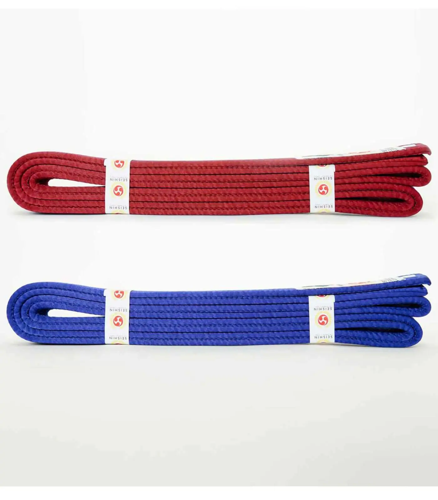 ceintures-de-competition-seishin-international-wkf-rouge-et-bleu-satin-profil